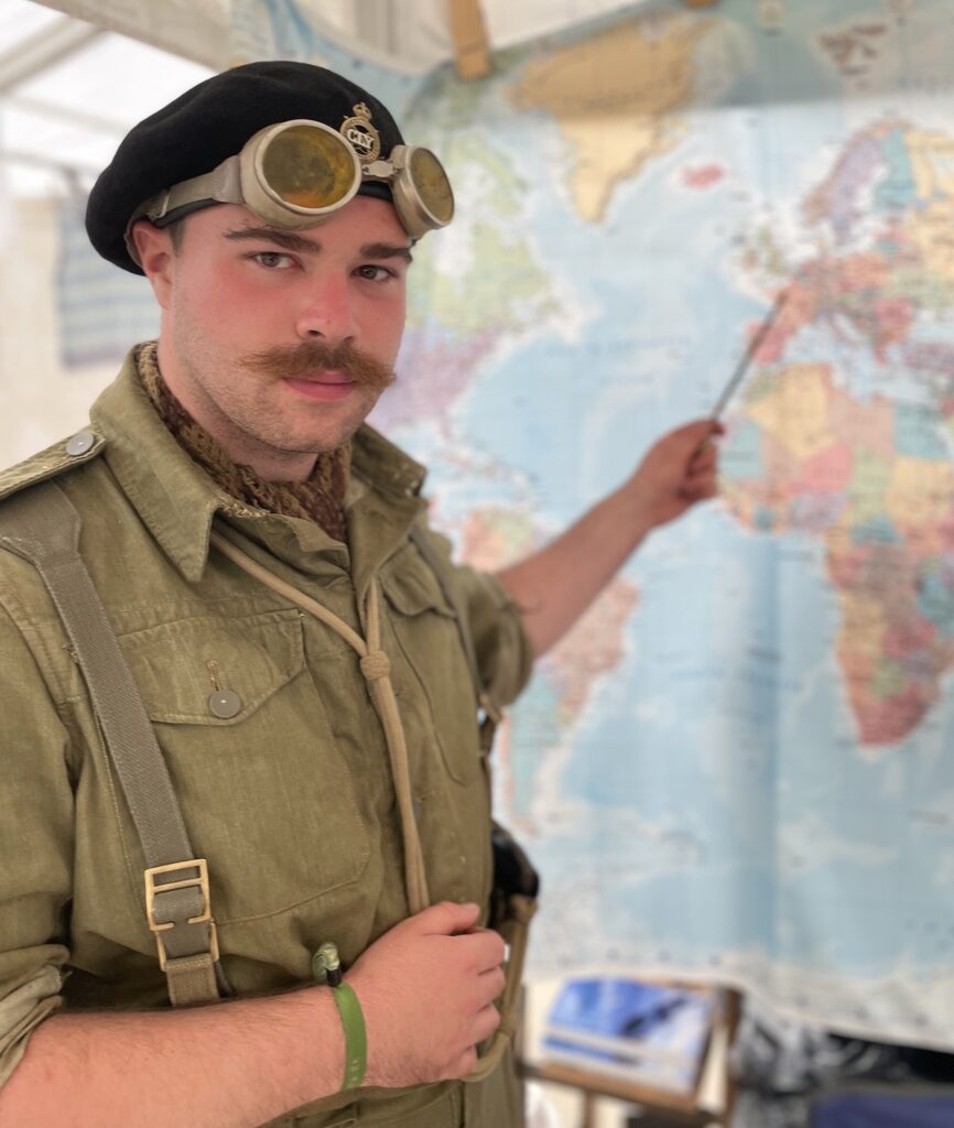 Looking the part and leading the way. This WW2 Tank commander heads operations from the SplashMaps briefing room in the Quarter Master's Tent, We Have Ways Festival 2023